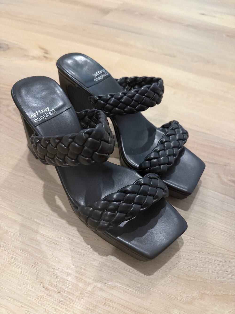 Jeffrey Campbell Black Braided Double-Strap Heeled Sandals – Size 8